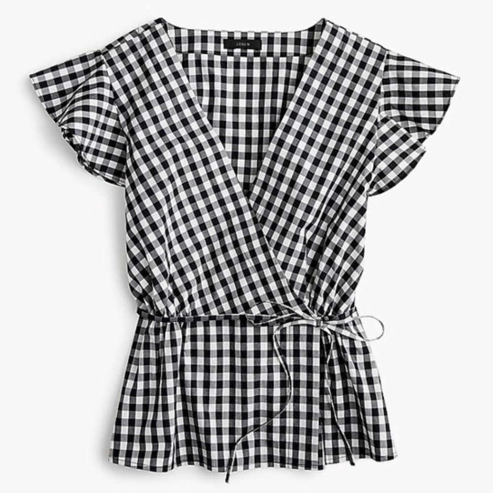 J Crew Flutter Sleeve Wrap Gingham Blouse | Size 4